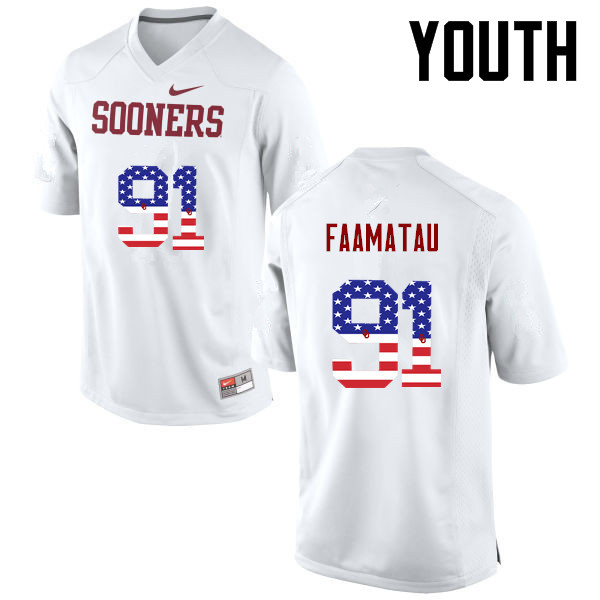 Youth Oklahoma Sooners #91 Dillion Faamatau College Football USA Flag Fashion Jerseys-White - Click Image to Close